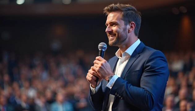 Man in suit holds microphone speaking to crowd. Speaker smiles confidently on stage in conference hall. Business man gives lecture engaging audience at event.