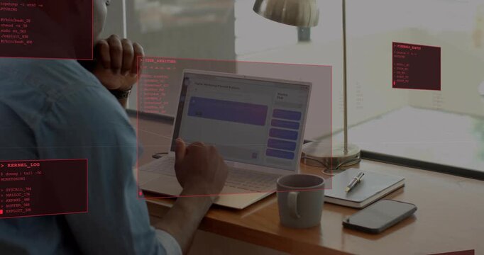 Man typing on laptop and selecting chat bubble, causing red HUD panels updating for system analysis