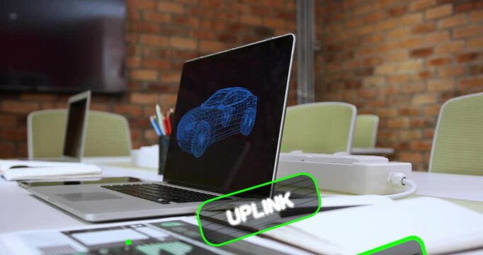 From frame five neon green HUD labels sliding left, rotating, passing laptop, showing uplink stream