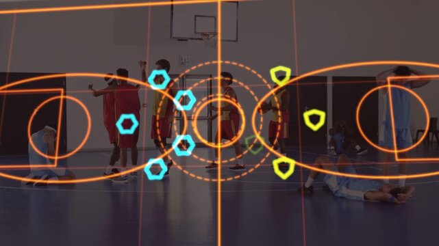 Animated HUD appearing over court, orange rings and tokens circling nine players to show tactics