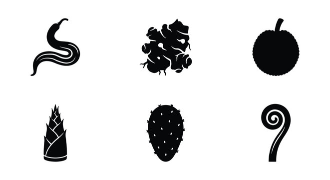 Exotic vegetable icons set, black silhouette food vector, organic plant elements