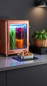 Copper mini fridge chilling vegetables on modern countertop