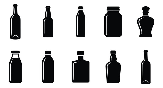 Black bottle icons set, 10 beverage container vectors, glass jar silhouettes