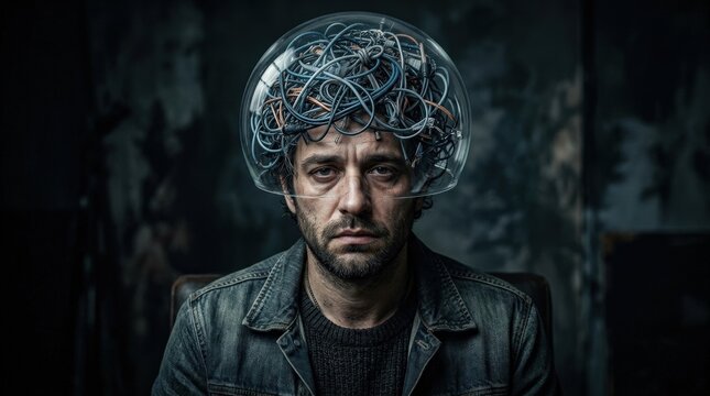 A portrait of a man with tangled cables and wires visible inside his transparent head, intricate loops and knots, cool blue-gray tones, subtle reflections, visual metaphor for overthinking stress