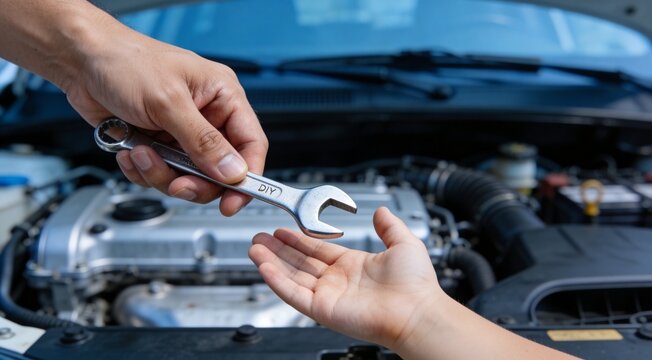 Father Teaching Young Son Automotive Repair Skills While Working on Car Engine for Father's Day