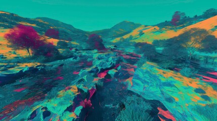 Fototapeta premium Vibrant Abstract Landscape with Flowing River and Colorful Trees