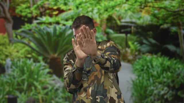 Man soldier in camouflage raises palms to block camera on a garden path, revealing tattooed wrist and grimace; privacy defensive.