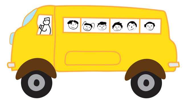 Yellow school bus with cartoon children funny faces