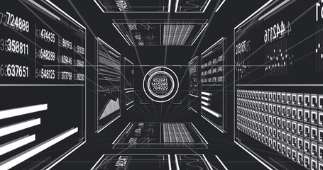 Naklejka premium Displaying central HUD ring anchoring data corridor, showing panels, grids, charts, numbers