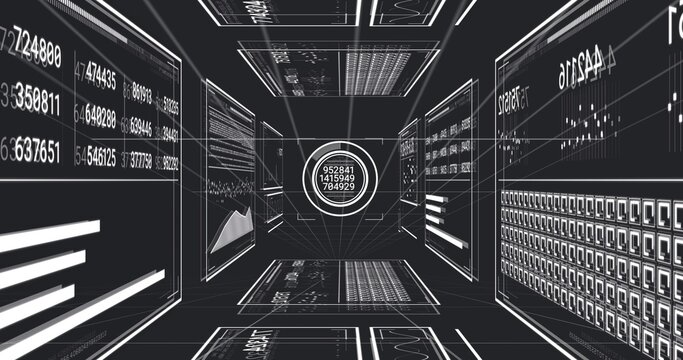 Displaying central HUD ring anchoring data corridor, showing panels, grids, charts, numbers