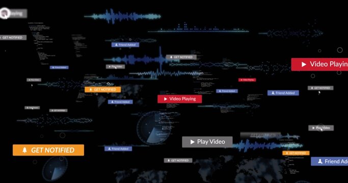 Floating clustered UI elements moving across virtual dashboard, with GET NOTIFIED button, waveforms