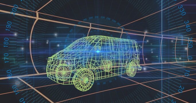 Displaying lime-green wireframe SUV floating above grid in virtual workspace, with HUD scales