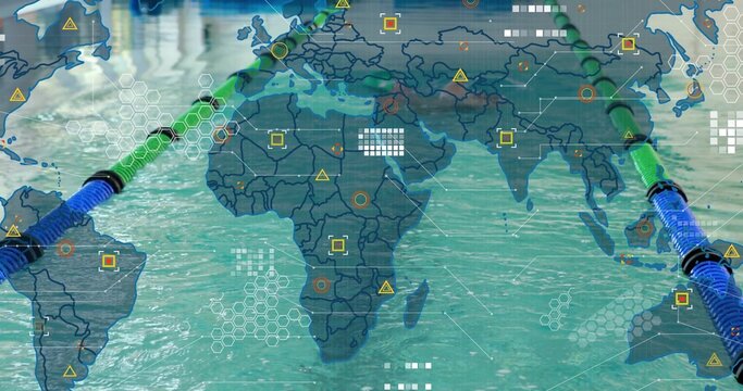 Showing faded world map over turquoise pool with crossing blue and green lane ropes, hex data