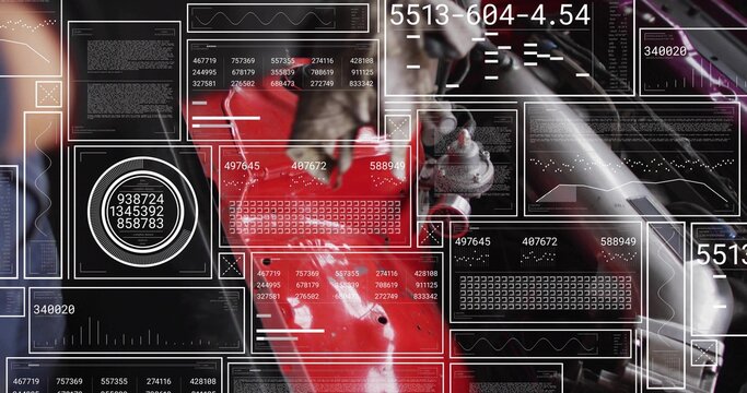 Displaying red-painted engine block undergoing scan at workshop with HUD overlay and polished pipe