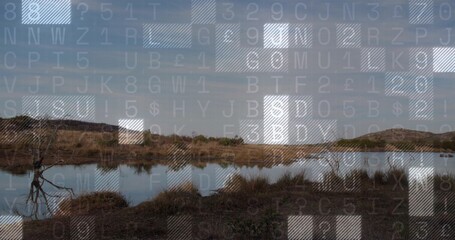 Obraz premium Capturing central marsh pond reflecting sky at rural wetland, with bare tree and data overlay