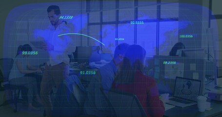 Speaking standing man in white shirt addressing team at open office with laptops and data overlay © vectorfusionart