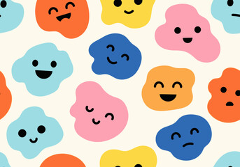 Fototapeta premium Colorful Abstract Blob Character Seamless Pattern with Various Facial Expressions and Emotions