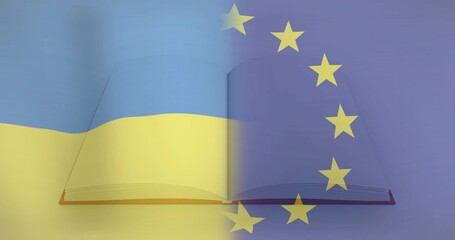 Obraz premium Showing open hardcover book flat on studio set, displaying merged Ukrainian and EU flag overlays