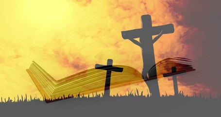 Sun descending, casting backlight, combined cross and open book motif emerging, showing faith © vectorfusionart