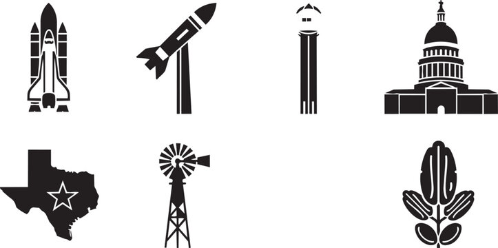 Black and white of landmarks and symbols, eiffel tower, washington monument, big ben, capitol building, texas state outline, compass rose, peace sign, and caduceus