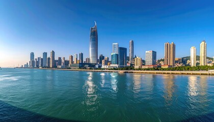 Fototapeta premium A panoramic view showcases the modern skyline of Shenzhen, China, reflected in the calm waters of the bay under a clear blue sky.