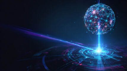 Fototapeta premium Futuristic AI Deep Learning big Sphere Globe beam of light shot down from above and surrounded by curved lines vector illustration design concept Representing Artificial Intelligence, Neural Network.