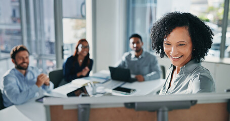 Fototapeta premium Happy woman, meeting and presentation with team on whiteboard for coaching in office or boardroom. Female person, speaker or smile with group of employees for staff training or project in workplace