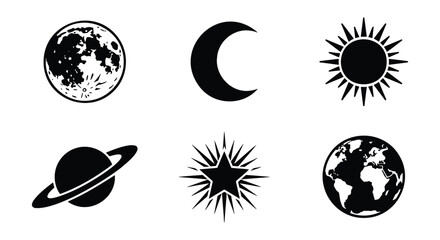 Celestial space icons set, black sun and moon symbols, 6 astronomy vectors © Designhoost Ltd