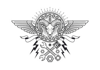 Fototapeta premium Vintage Industrial Ram Emblem with Wings, Mechanical Gears, and Crossed Wrenches - Steampunk Mechanic Badge and Garage Logo Vector Art