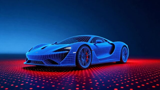 Blue wireframe sports car on red dots