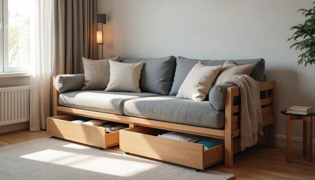 Modern grey sofa bed with wooden frame, storage drawers sits in bright living room. Cushions, blankets arranged neatly. Natural light streams in from window creating shadows on floor. Perfect for