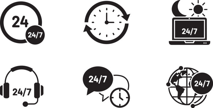 Clock set with 24/7 schedule, alarm, watch, and timer in flat style