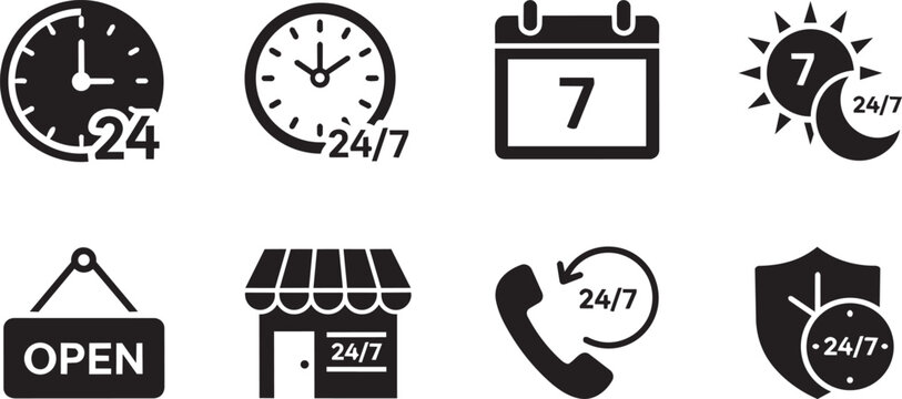 Flat set illustrating 24/7 availability, open hours, customer service, and support symbols in black and white