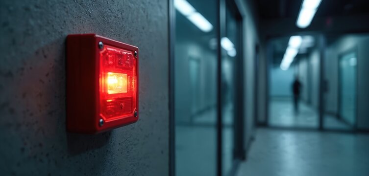 Red fire alarm light glows on concrete wall inside modern building corridor. Emergency device signals safety, alertness. Person walks far away down hallway near glass doors.