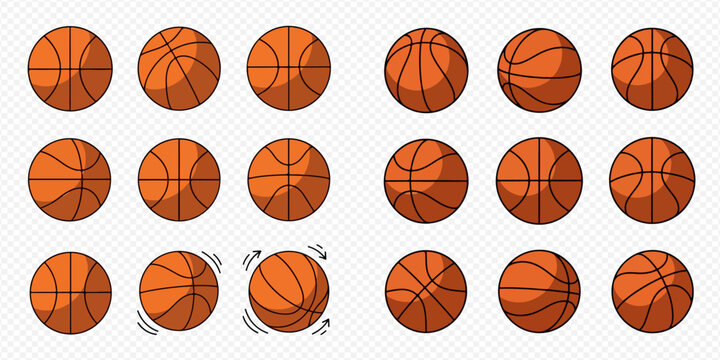 Set of basketball balls in various positions and rotations, isolated on a transparent background, perfect for sports-themed designs and animations.