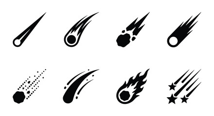 Comet icon set, falling meteor silhouettes, 8 black space vector elements © Designhoost Ltd