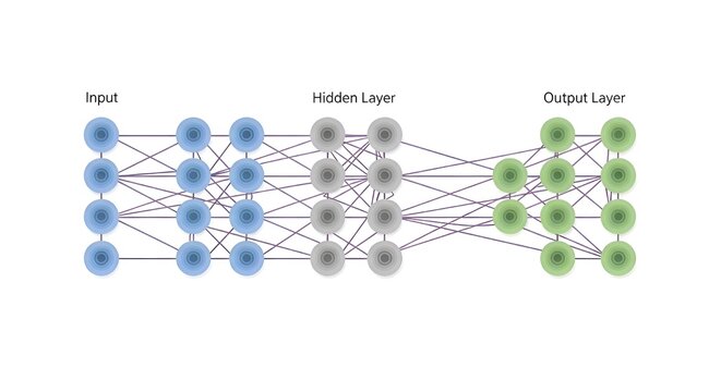 Neural network architecture with input, hidden and output layers.