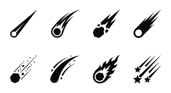 Comet icon set, falling meteor silhouettes, 8 black space vector elements