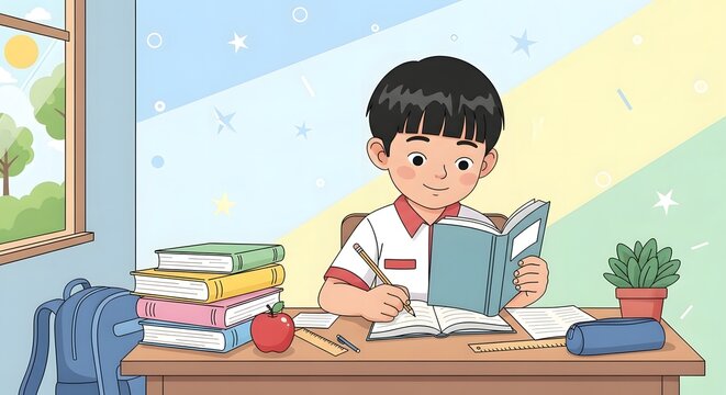 Cute Indonesian child studying at desk, reading book and writing, focused and happy expression, school supplies around, bright and inspiring atmosphere, soft pastel colors, flat vector style, educatio