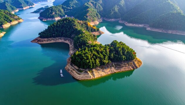 An aerial view showcases two lush, green islands nestled within a vast, tranquil reservoir surrounded by rolling, forested hills under a bright, sunny sky.