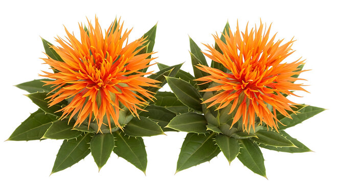 Fresh safflower blossoms with green leaves isolated on white background for herbal medicine dye production and edible oil source botanical study and health natural ingredient concept assets