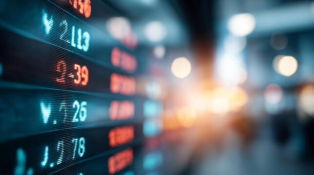Faceless close-up of glowing stock ticker symbols and price changes scrolling across a bright digital wall display, defocused trading desks, real-time market data, financial information flow,