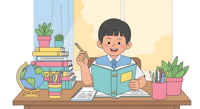 Cute Indonesian child studying at desk, reading book and writing, focused and happy expression, school supplies around, bright and inspiring atmosphere, soft pastel colors, flat vector style, educatio