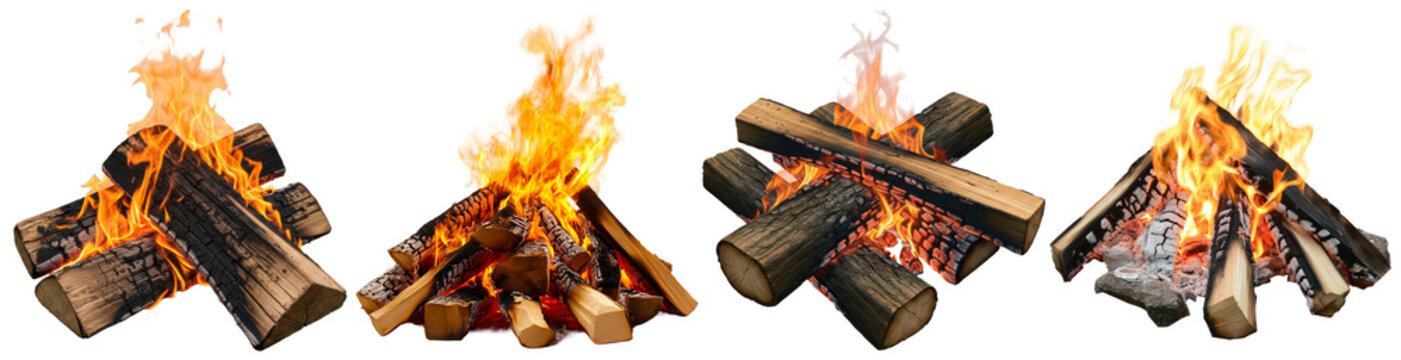 Collection of campfires with glowing flames and burning logs, isolated on a transparent background for outdoor designs.