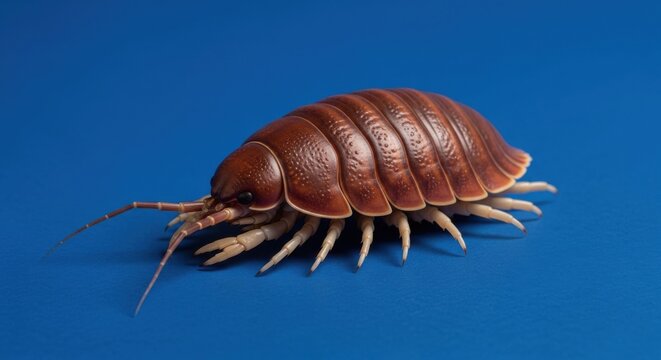 Detailed brown terrestrial isopod arthropod with segmented exoskeleton and multiple appendages on blue background