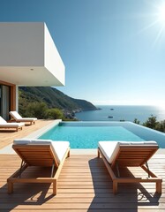 Fototapeta premium Modern luxury villa with infinity pool overlooking ocean. Sun loungers on wooden deck invite relaxation under sunny clear sky. Coastal mountains frame serene sea view.