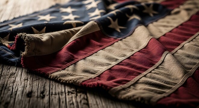 Close-up of a weathered, vintage American flag draped on rustic wooden planks.