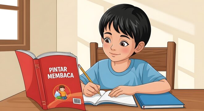 Cute Indonesian child studying at desk, reading book and writing, focused and happy expression, school supplies around, bright and inspiring atmosphere, soft pastel colors, flat vector style, educatio