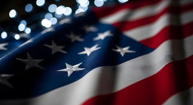 Close-up of the American flag waving with bokeh lights, symbolizing patriotism and celebration.