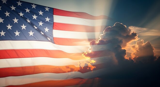 American flag waving majestically against a dramatic sunset sky with sun rays